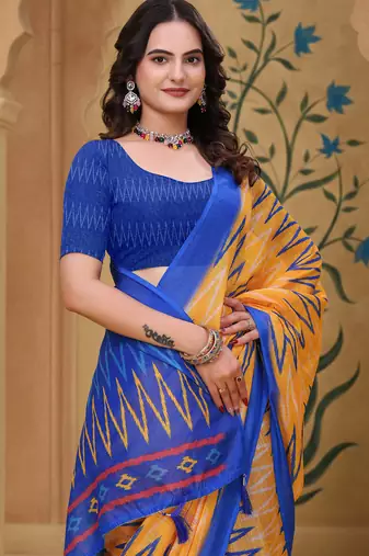 Yellow printed art silk designer pallu saree