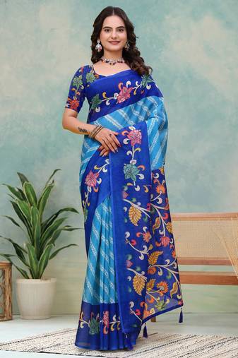 Teal printed art silk designer pallu saree