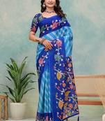 Teal printed art silk designer pallu saree