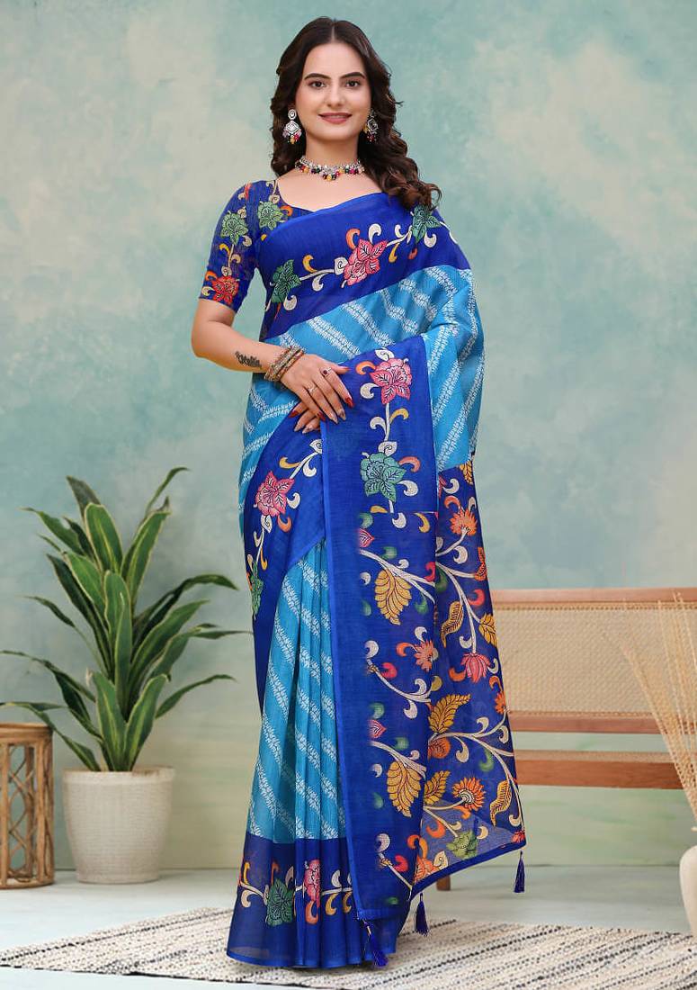 Teal printed art silk designer pallu saree