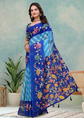 Teal printed art silk designer pallu saree 2