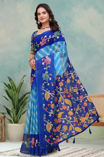 Teal printed art silk designer pallu saree