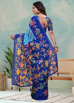 Teal printed art silk designer pallu saree 3