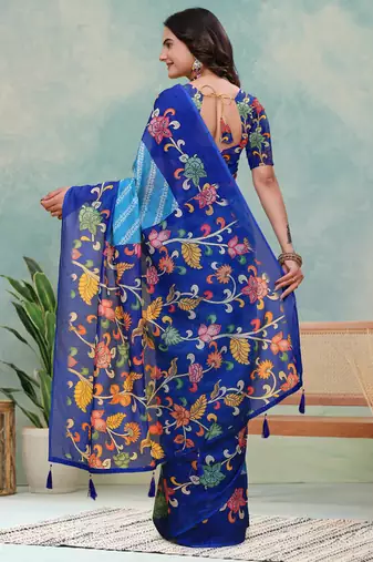 Teal printed art silk designer pallu saree