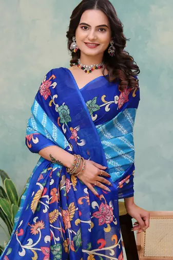 Teal printed art silk designer pallu saree
