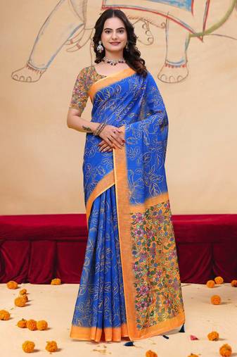 Blue printed art silk designer pallu saree