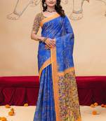 Blue printed art silk designer pallu saree