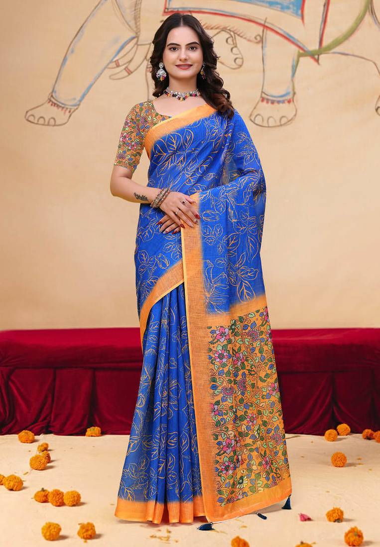 Blue printed art silk designer pallu saree