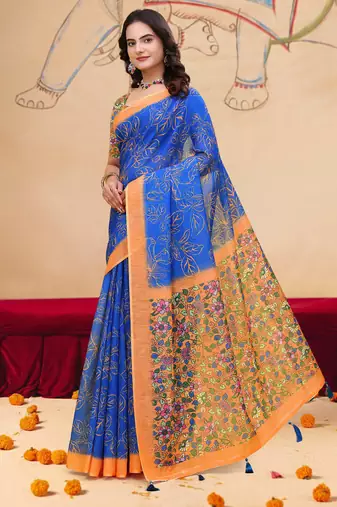 Blue printed art silk designer pallu saree