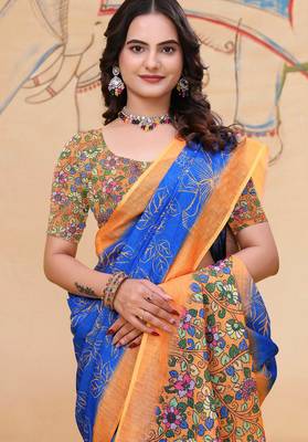 Blue printed art silk designer pallu saree 3