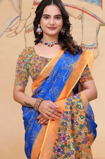 Blue printed art silk designer pallu saree