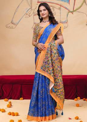 Blue printed art silk designer pallu saree 4