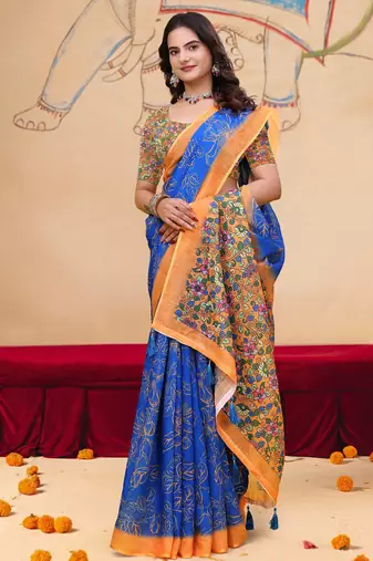 Blue printed art silk designer pallu saree