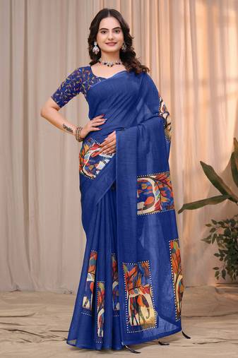Blue printed art silk designer pallu saree