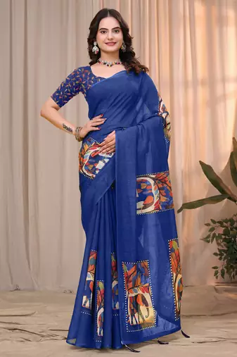 Blue printed art silk designer pallu saree