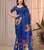 Blue printed art silk designer pallu saree