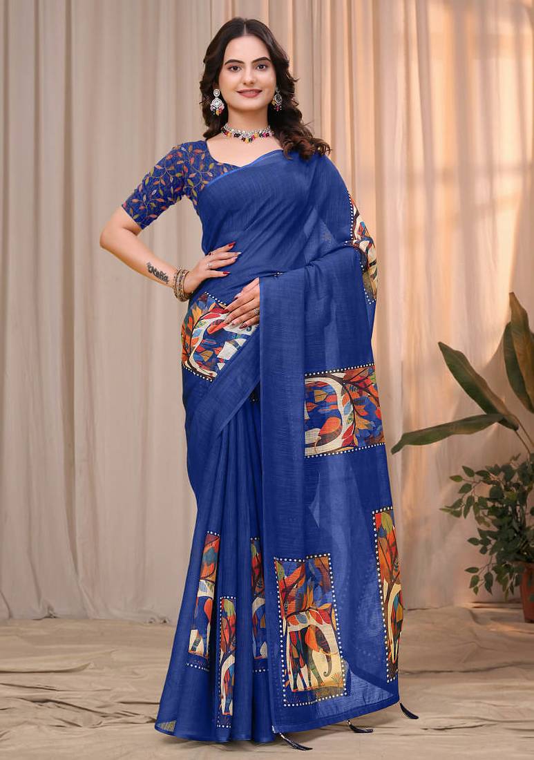 Blue printed art silk designer pallu saree