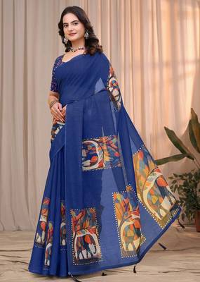 Blue printed art silk designer pallu saree 2