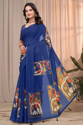 Blue printed art silk designer pallu saree