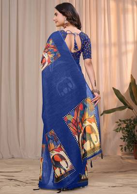 Blue printed art silk designer pallu saree 3