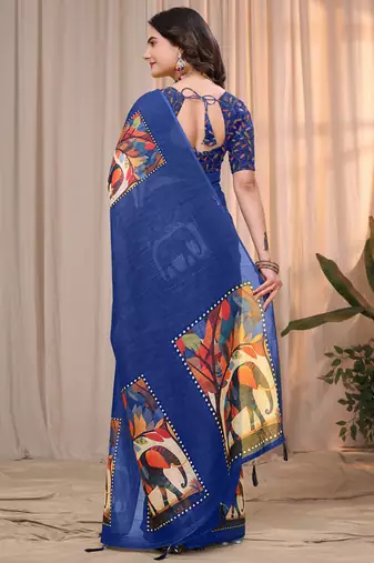 Blue printed art silk designer pallu saree