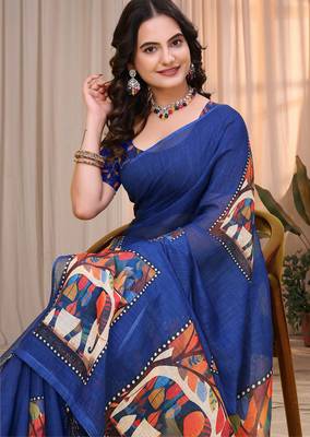 Blue printed art silk designer pallu saree 4