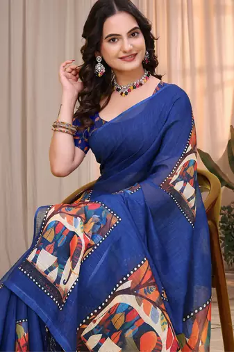 Blue printed art silk designer pallu saree