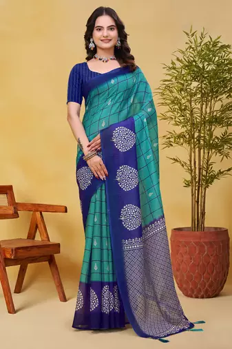 Teal printed art silk designer pallu saree