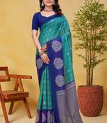 Teal printed art silk designer pallu saree