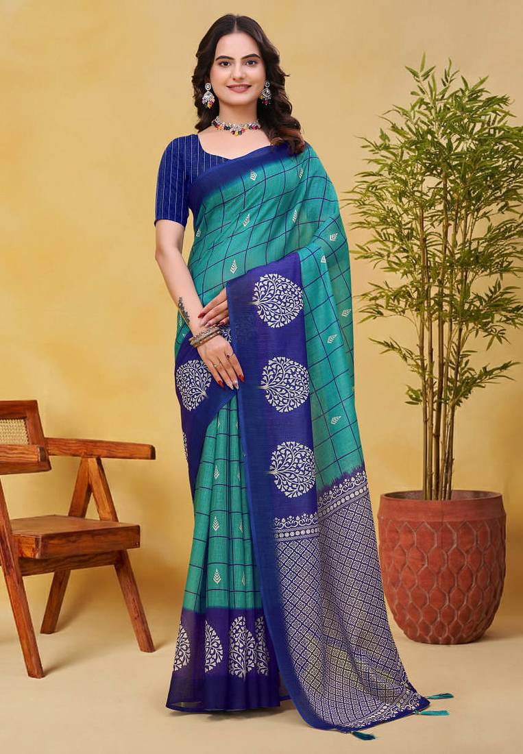Teal printed art silk designer pallu saree