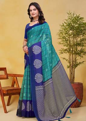 Teal printed art silk designer pallu saree 2