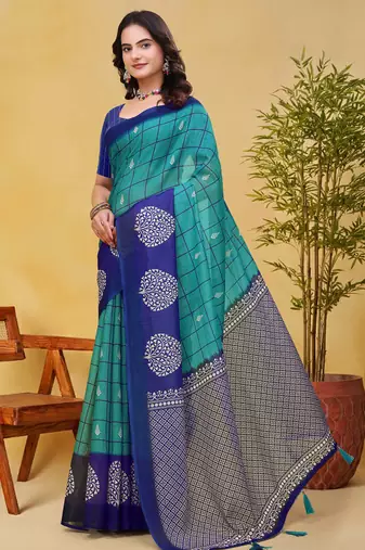 Teal printed art silk designer pallu saree