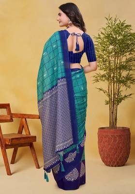 Teal printed art silk designer pallu saree 4