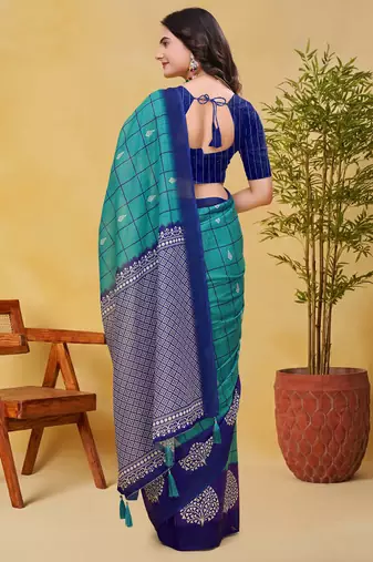 Teal printed art silk designer pallu saree