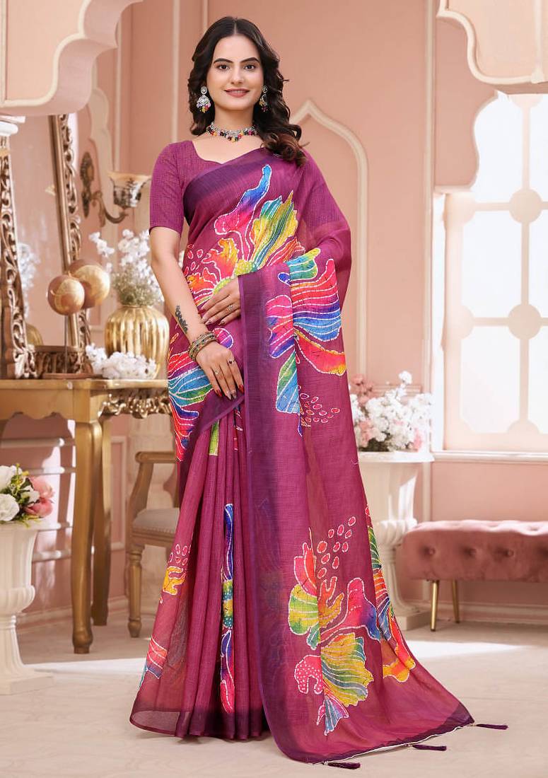 Pink printed art silk designer pallu saree
