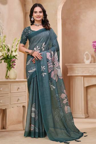Green printed art silk designer pallu saree
