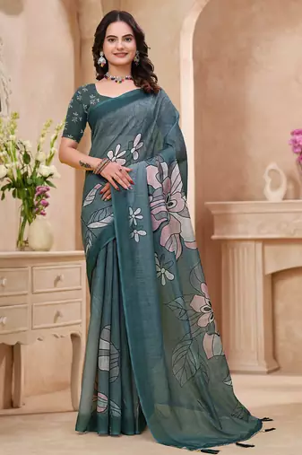 Green printed art silk designer pallu saree