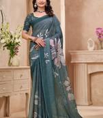 Green printed art silk designer pallu saree