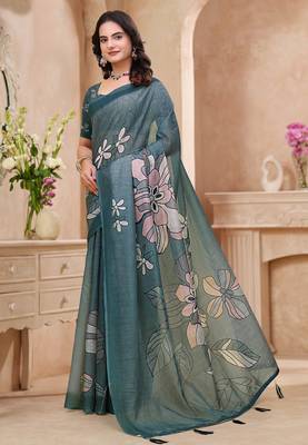Green printed art silk designer pallu saree 2