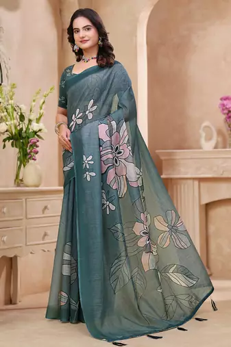 Green printed art silk designer pallu saree