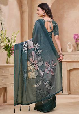 Green printed art silk designer pallu saree 3