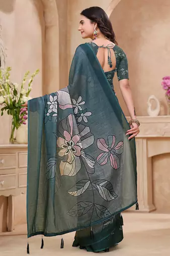 Green printed art silk designer pallu saree