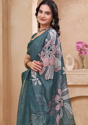 Green printed art silk designer pallu saree 4