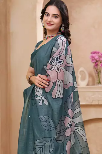 Green printed art silk designer pallu saree