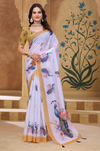White printed art silk designer pallu saree