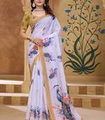 White printed art silk designer pallu saree