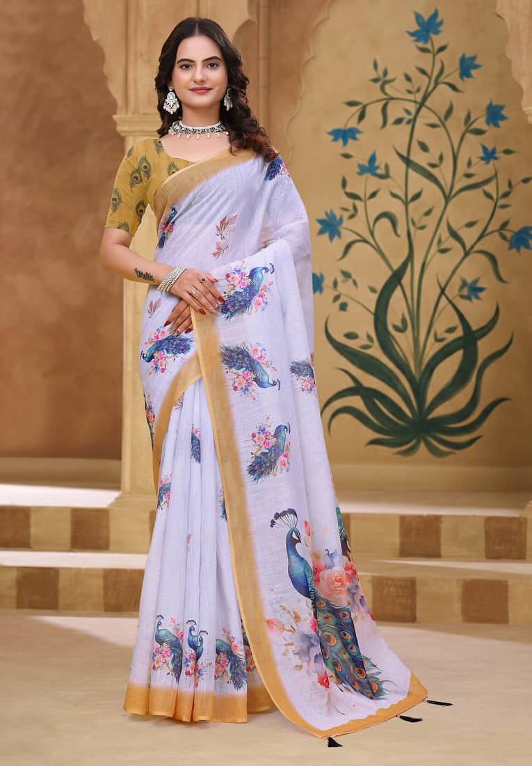 White printed art silk designer pallu saree