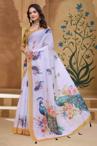 White printed art silk designer pallu saree