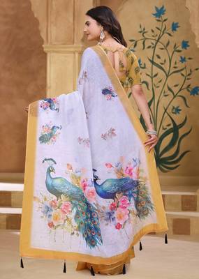 White printed art silk designer pallu saree 3