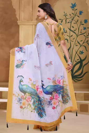 White printed art silk designer pallu saree